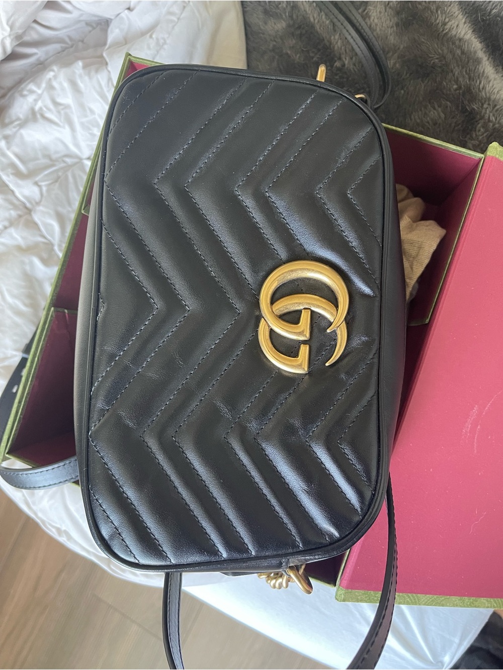 Gucci Black Quilted GG Marmont Crossbody Bag with Gold Hardware